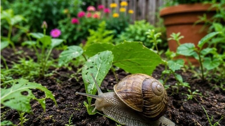 mystery snail eating algae wafer in a planted aquarium