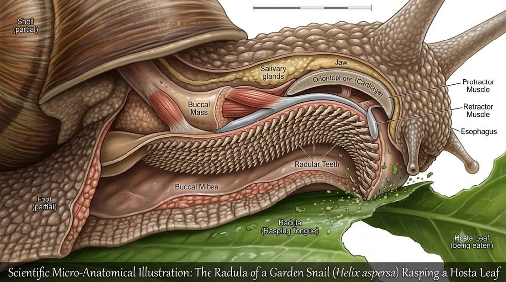 microscope view of snail radula teeth rows