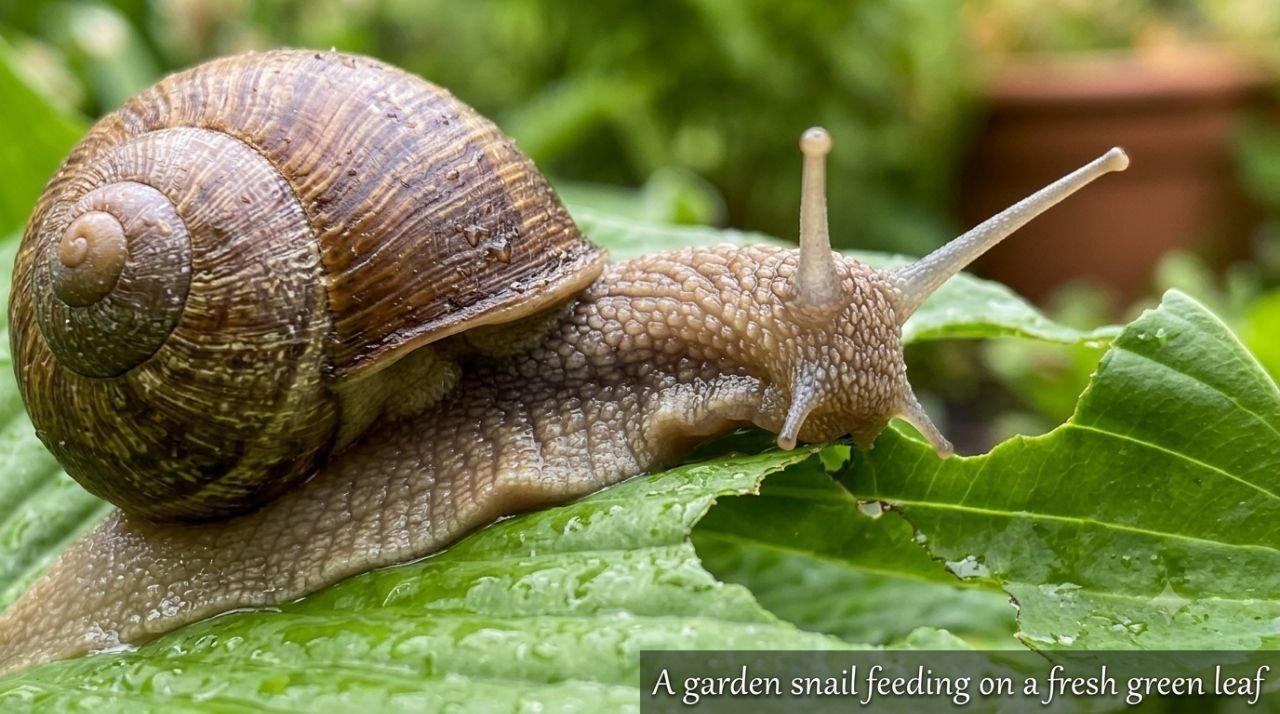 garden snail using its radula to feed on a leaf