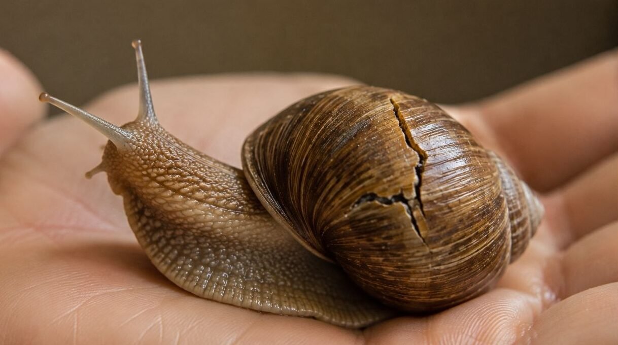 A pet snail with a cracked shell needs extra calcium and humidity to heal.