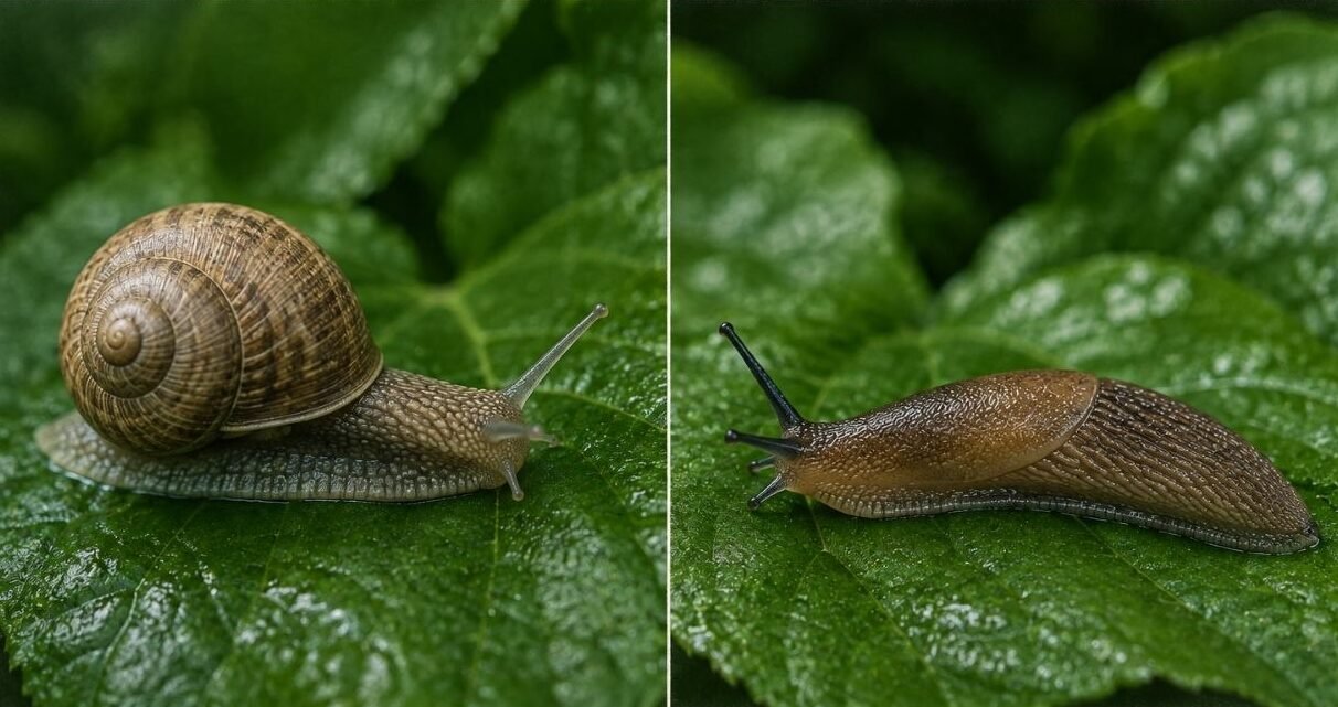 garden snail with shell next to garden slug without shell