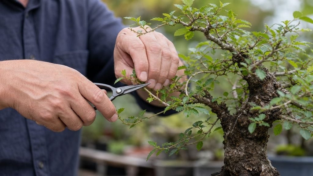 Close-up of Chinese elm bonsai leaves and textured trunk