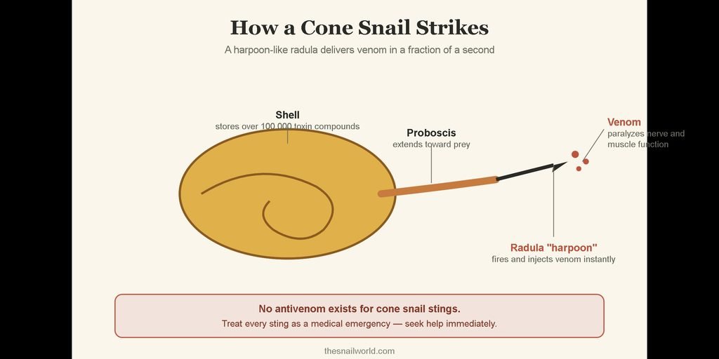 diagram showing how a cone snail fires venom through its radula