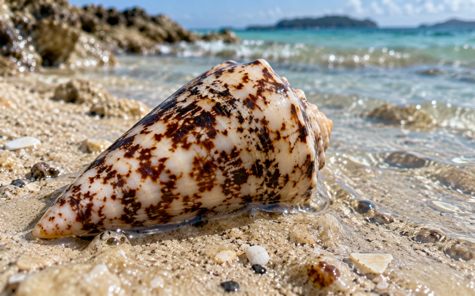 : cone snail shell partly buried in wet tropical sand