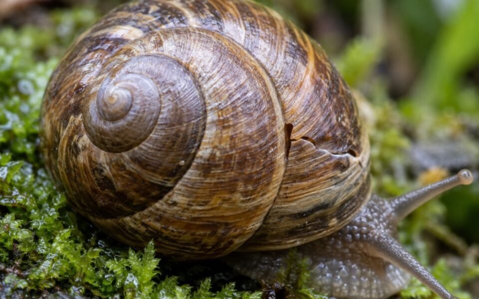 close-up of garden snail shell showing hairline crack on wet moss