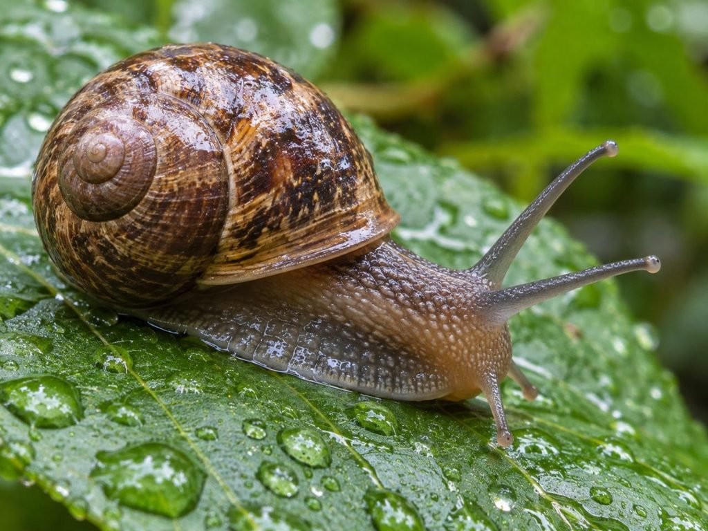 garden snail crawling on wet leaf with antennae extended