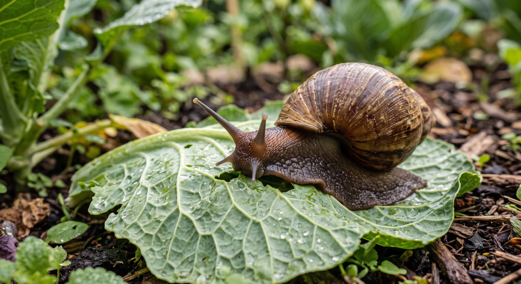 Giant African Land Snail feeding on a cabbage leaf