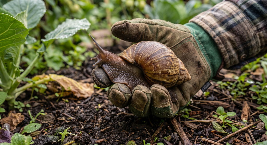 Gloved hand picking up a Giant African Land Snail from soil