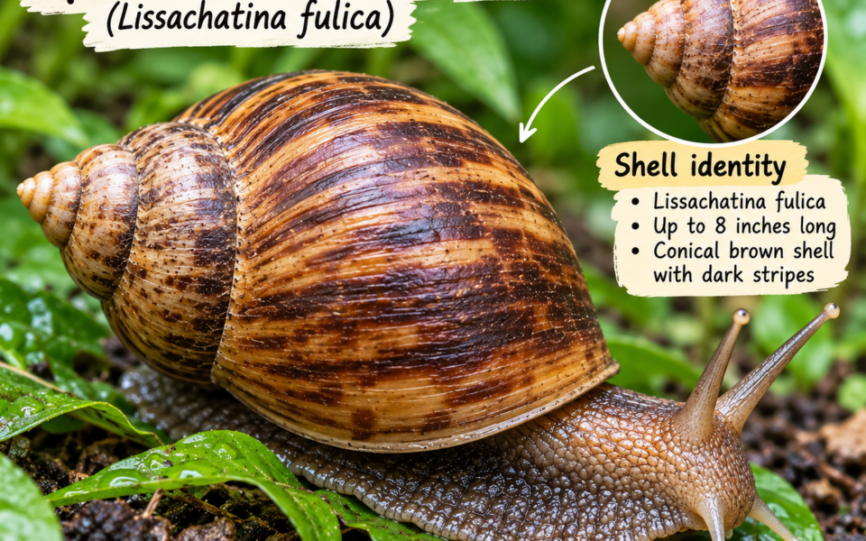 Close-up of a Giant African Land Snail shell showing brown stripes
