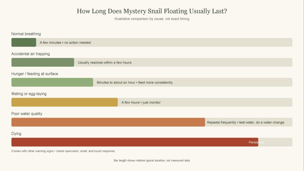 chart comparing how long mystery snail floating lasts by cause