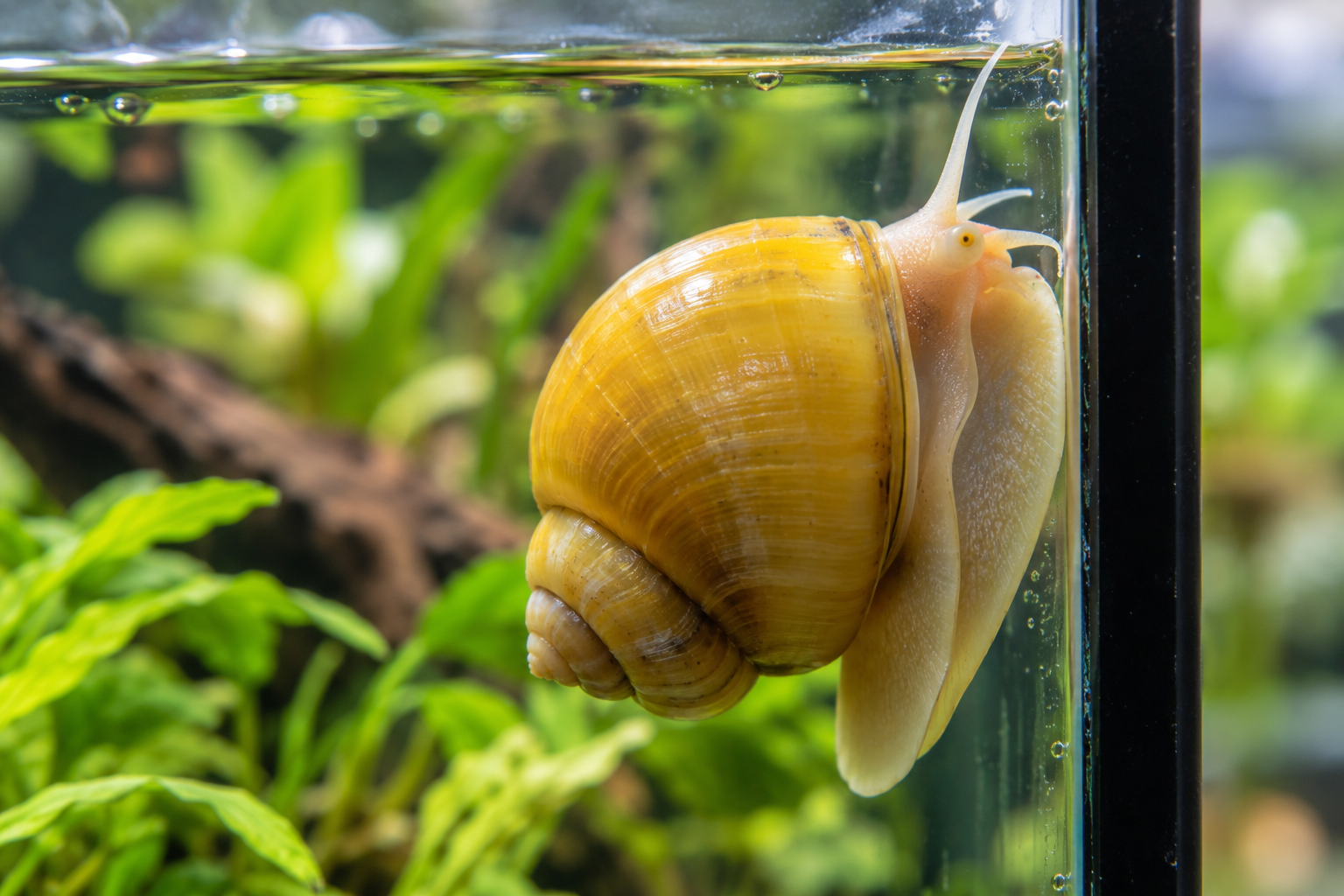 mystery snail attached to aquarium glass near the top of the tank