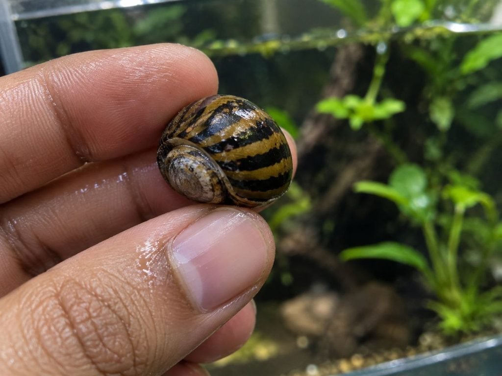hand gently holding a nerite snail above an aquarium