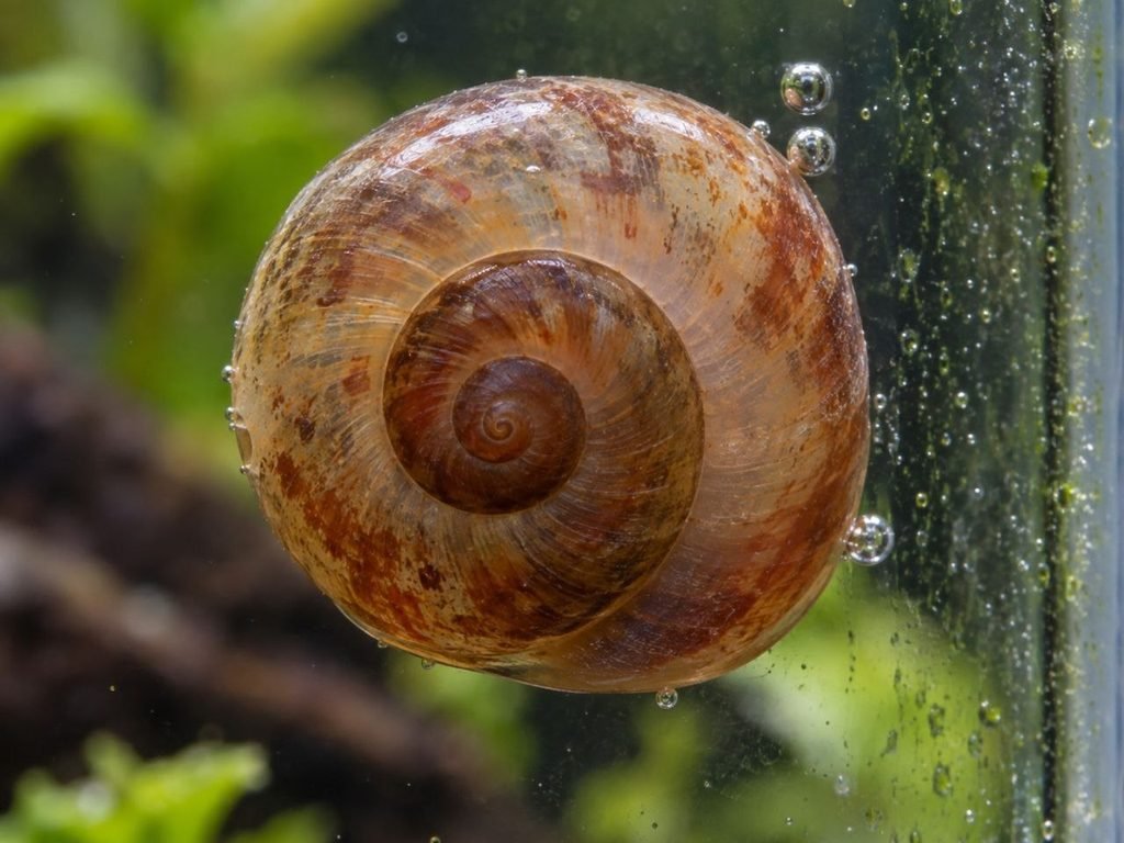 ramshorn snail sealed shut inside its shell on aquarium glass