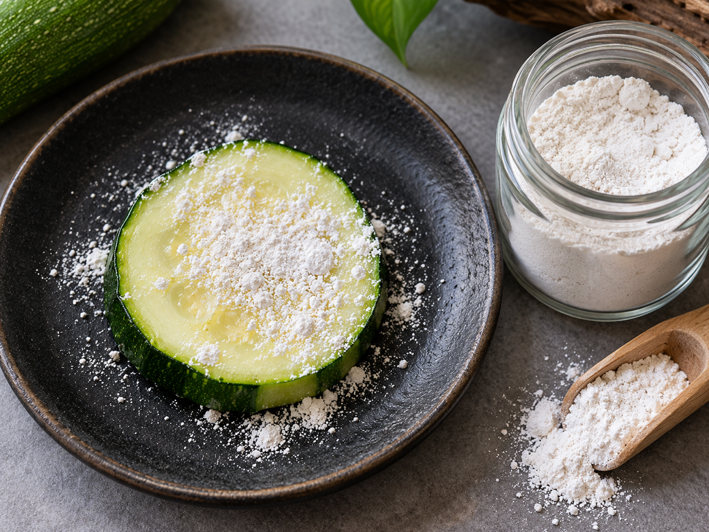 Calcium powder dusted on blanched vegetable for aquarium snail