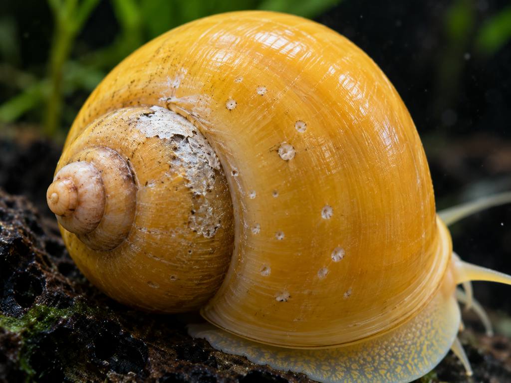 Close-up of a mystery snail shell with pitting and chalky erosion