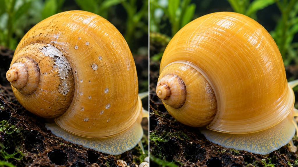 Before and after of a snail shell repaired with cuttlebone and calcium powder