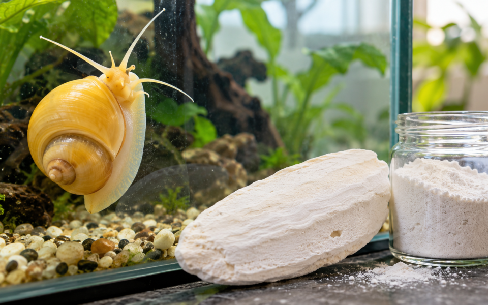 Mystery snail next to cuttlebone and calcium powder for snail shell repair